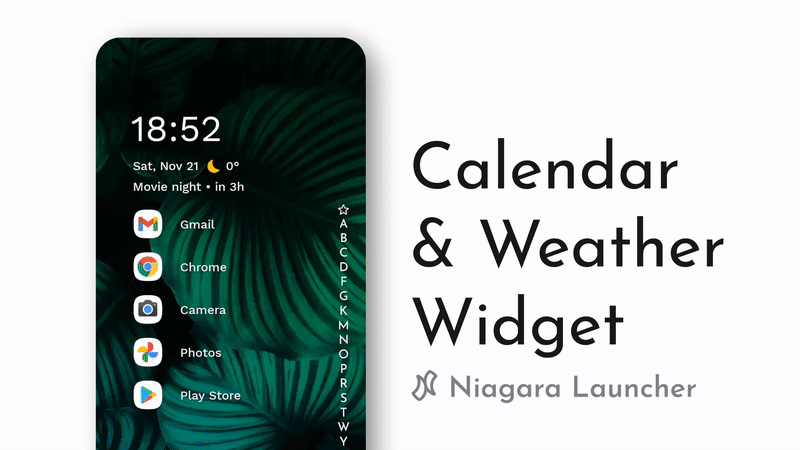 Niagara Launcher calendar agenda and weather widget on the home screen