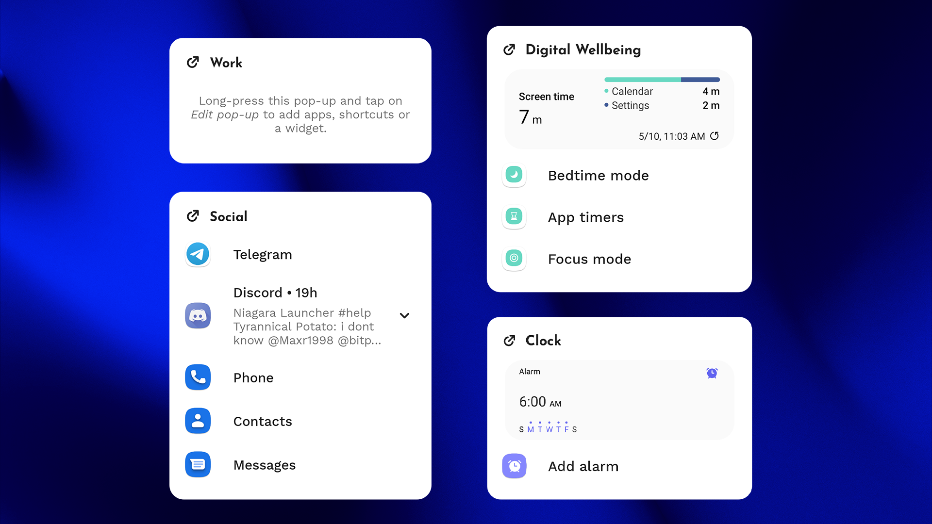 Pop-ups in Niagara Launcher containing apps, shortcuts, and widgets