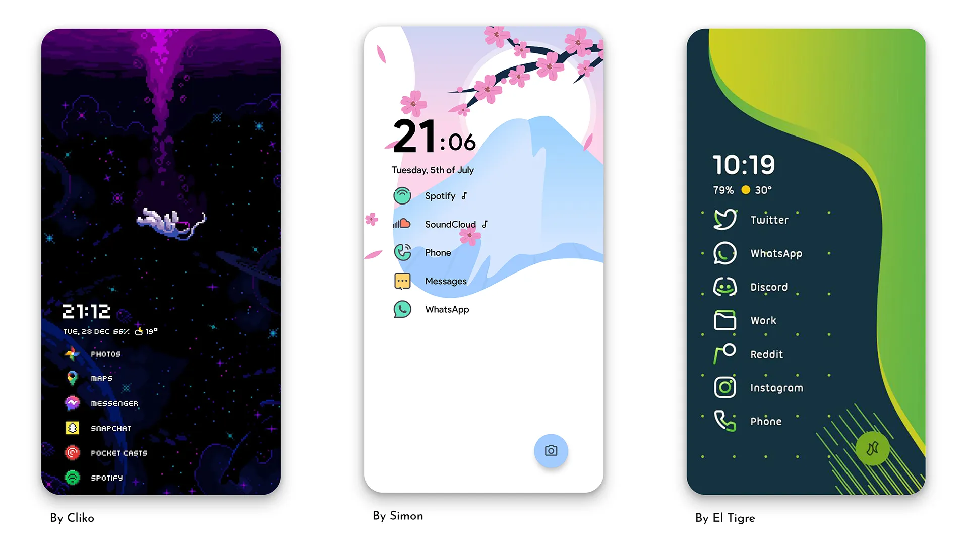 Three community home screen setups made with Niagara Launcher