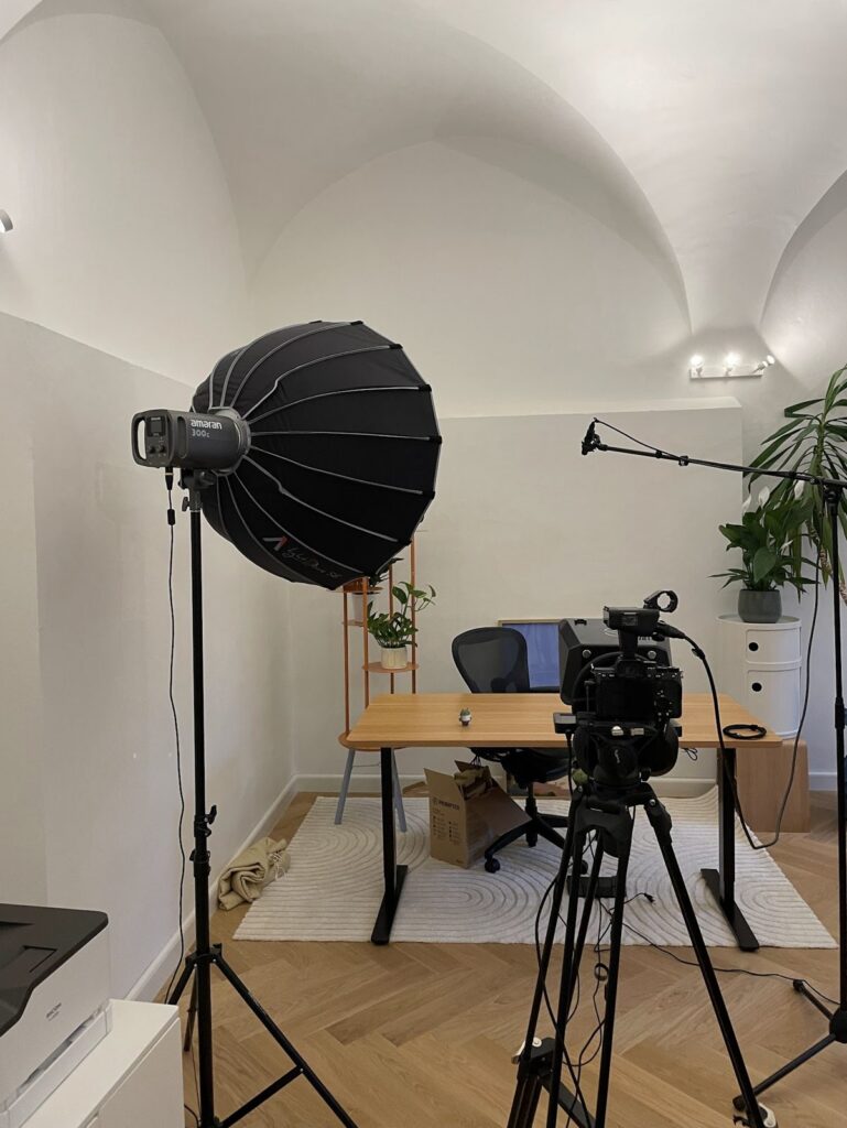 Video studio setup with softbox, camera and teleprompter in the Mellowdrop office