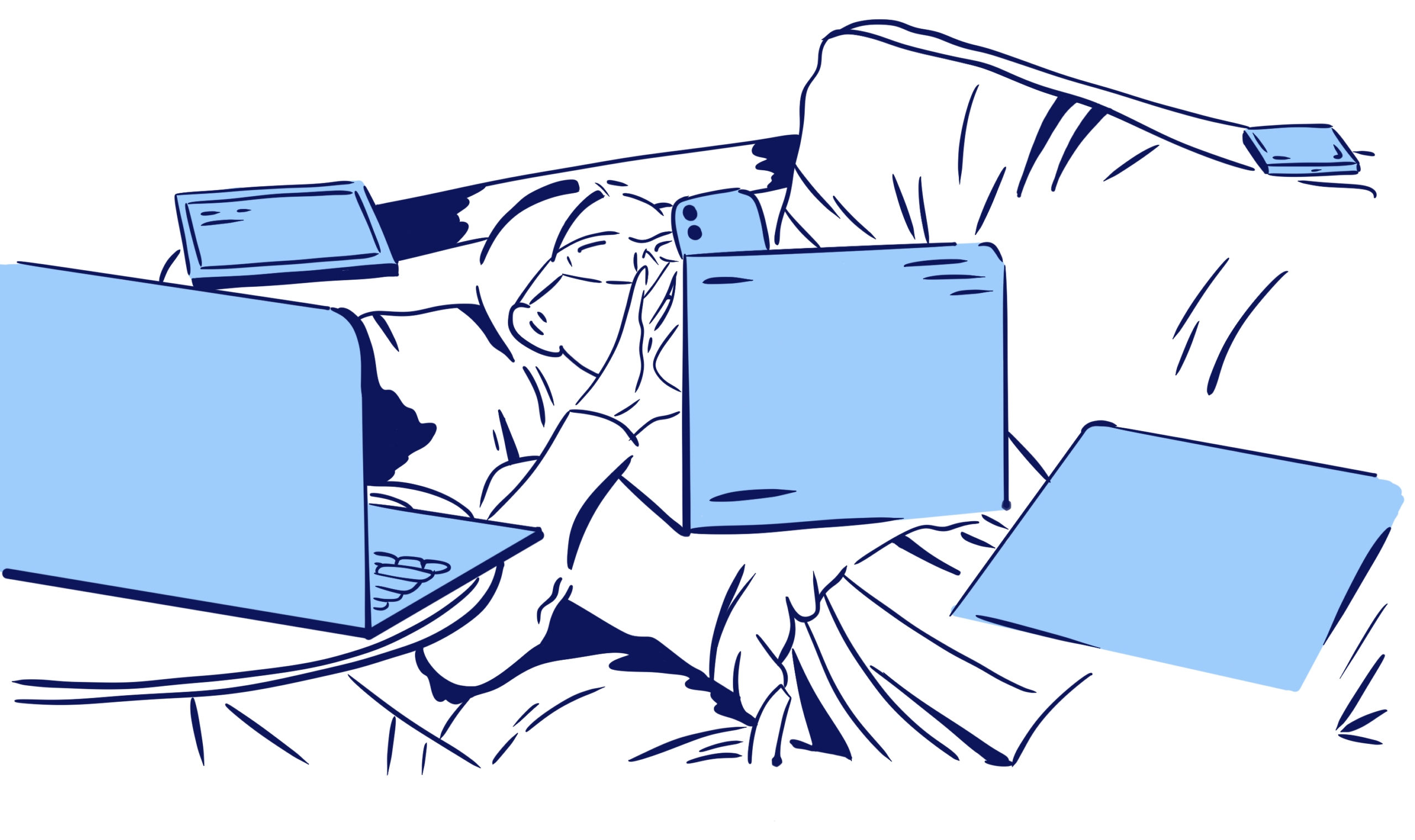 Illustration: a person lying on a couch surrounded by phones, tablets, and laptops